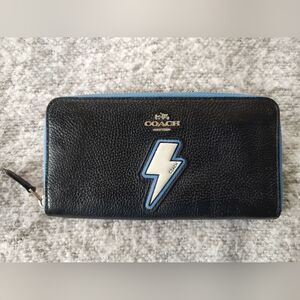 Coach Black Leather Zip Wallet Blue Lightning Patch